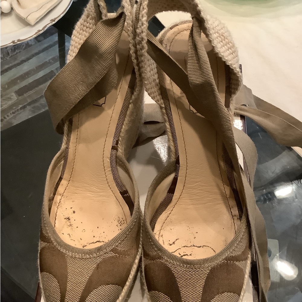 Coach Signature logoWomen's Tan Espadrille Wedges with grossgrain ankle straps